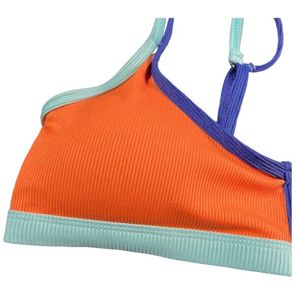 Color Block Bikini Top Orange Blue Retro V-Cut Athletic Swim Medium Ribbed - Picture 10 of 16